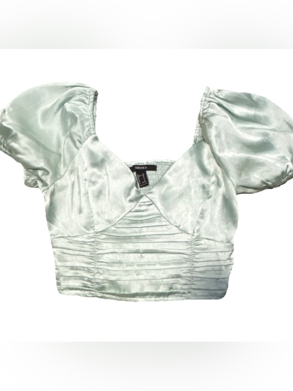 Forever 21 Light Mint Satin Puff-Sleeve Ruched Crop Top
